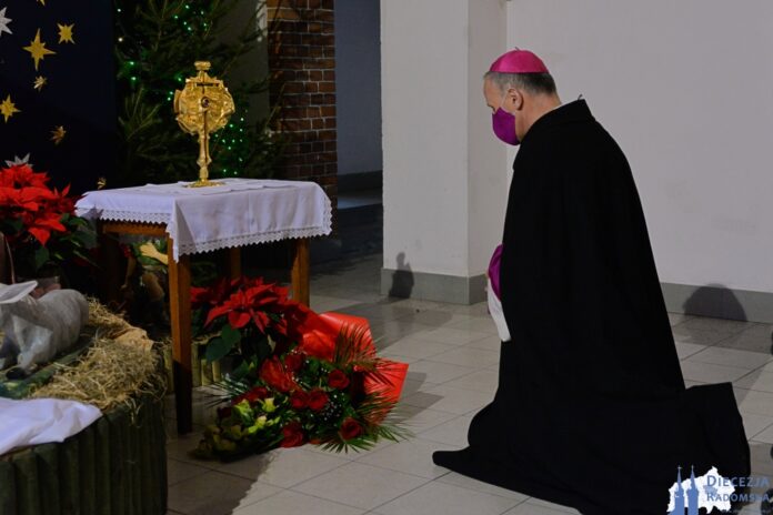 Bp Marek Solarczyk modli się przed relikwiami św. Kazimierza w radomskiej bazylice. Foto: ks. S. Piekielnik / www.diecezja.radom.pl